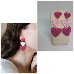 MAQVQLU Triple Heart Earrings Dangle Long Drop Kawaii Whimsical Valentine's Day